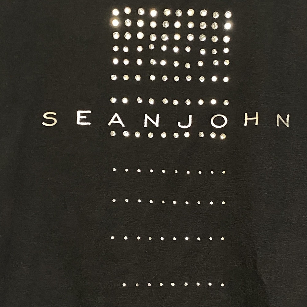 SEAN JOHN Black Top Logo w/Rhinestone Details Cap Sleeves Size Medium Blouse NWT - Picture 2 of 8
